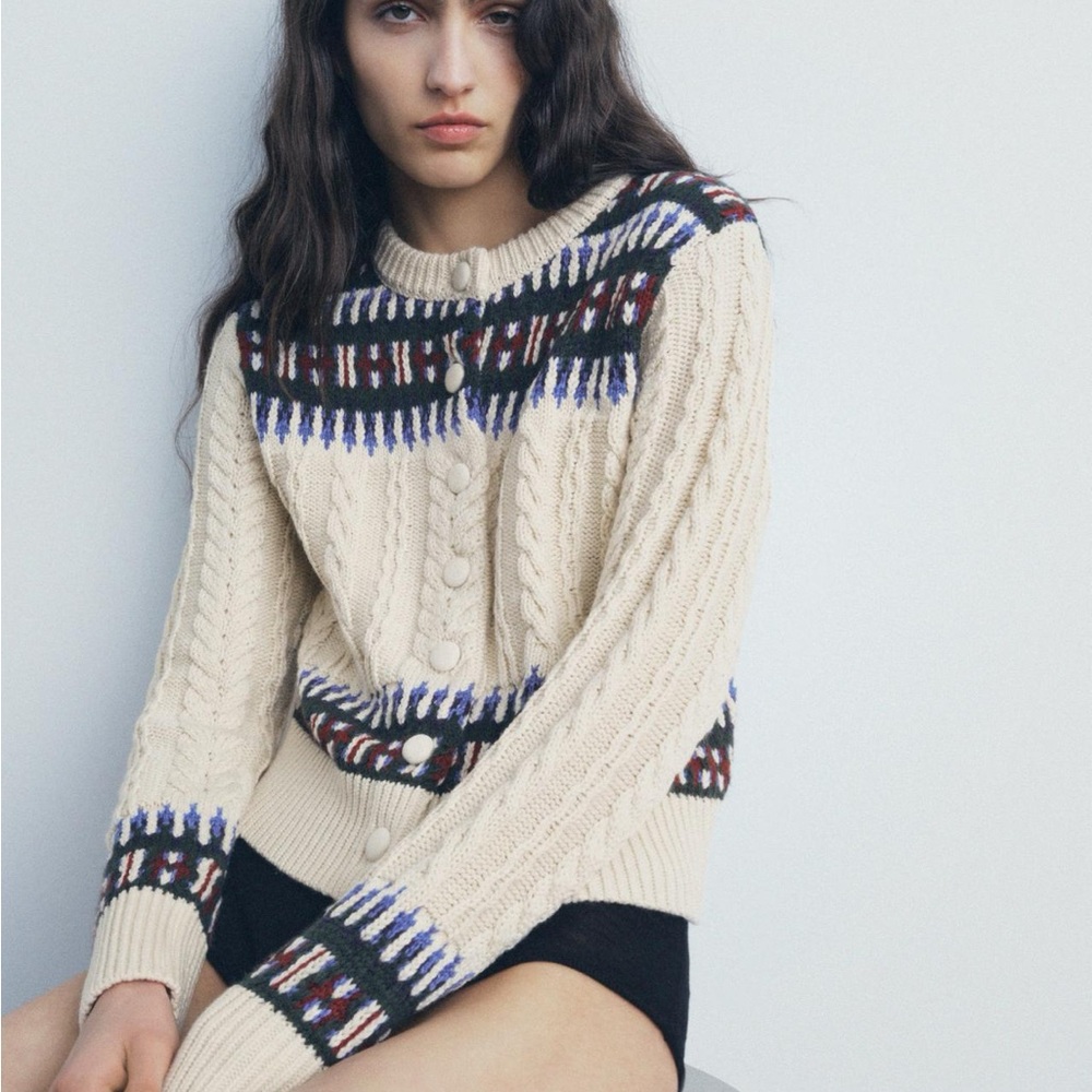 Zara contrasting jacquard knot cardigan